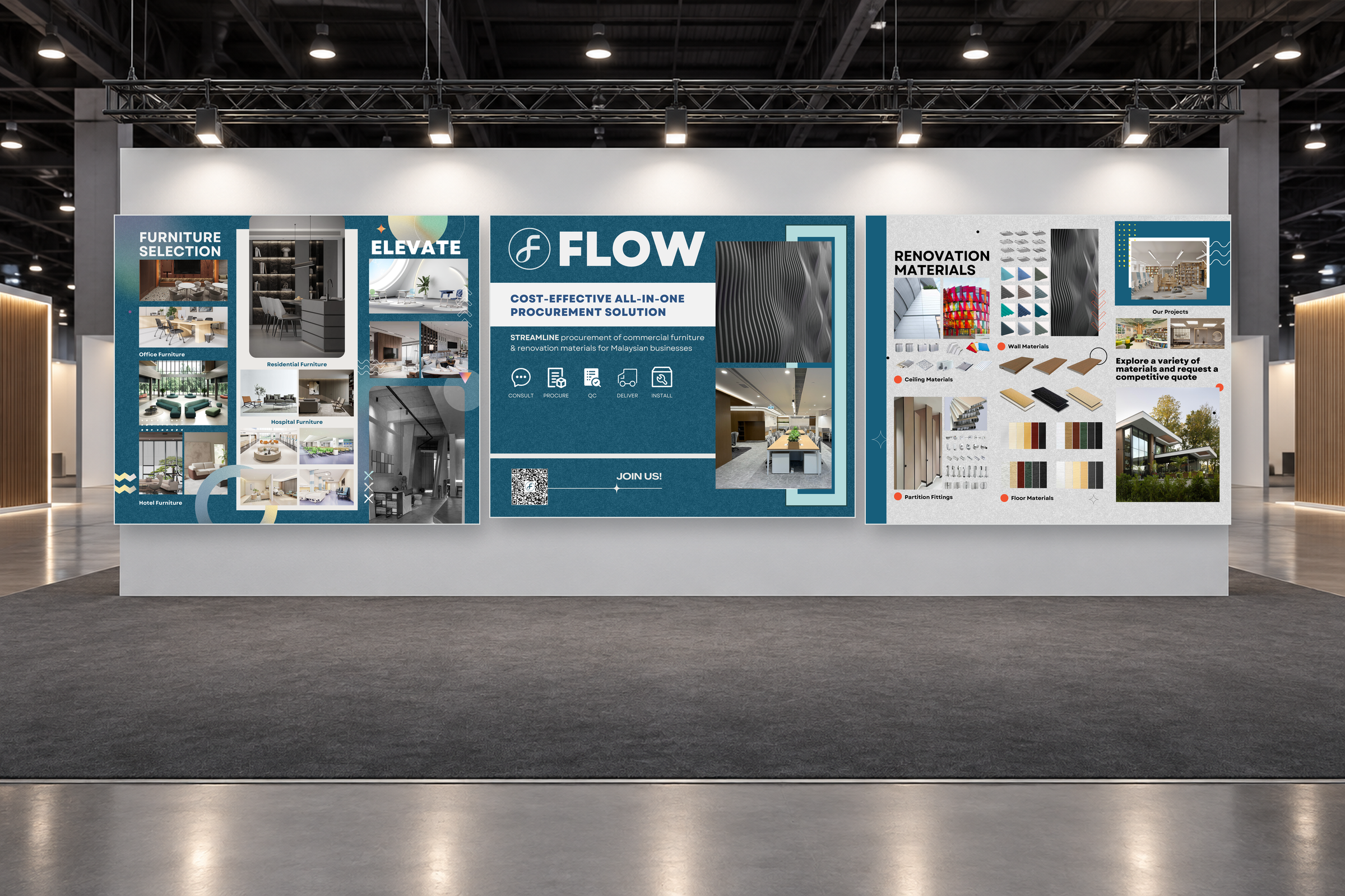 Flow exhibition backdrop displayed in the ARCHIDEX booth environment