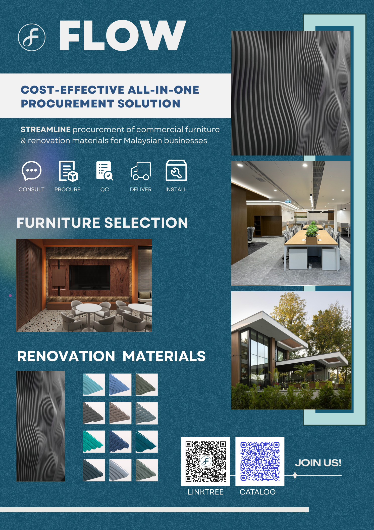 ARCHIDEX exhibition leaflet for Flow commercial furniture and renovation materials