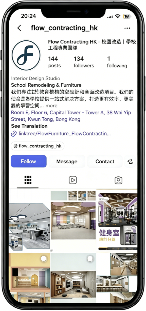 Flow Contracting Instagram profile shown on a phone