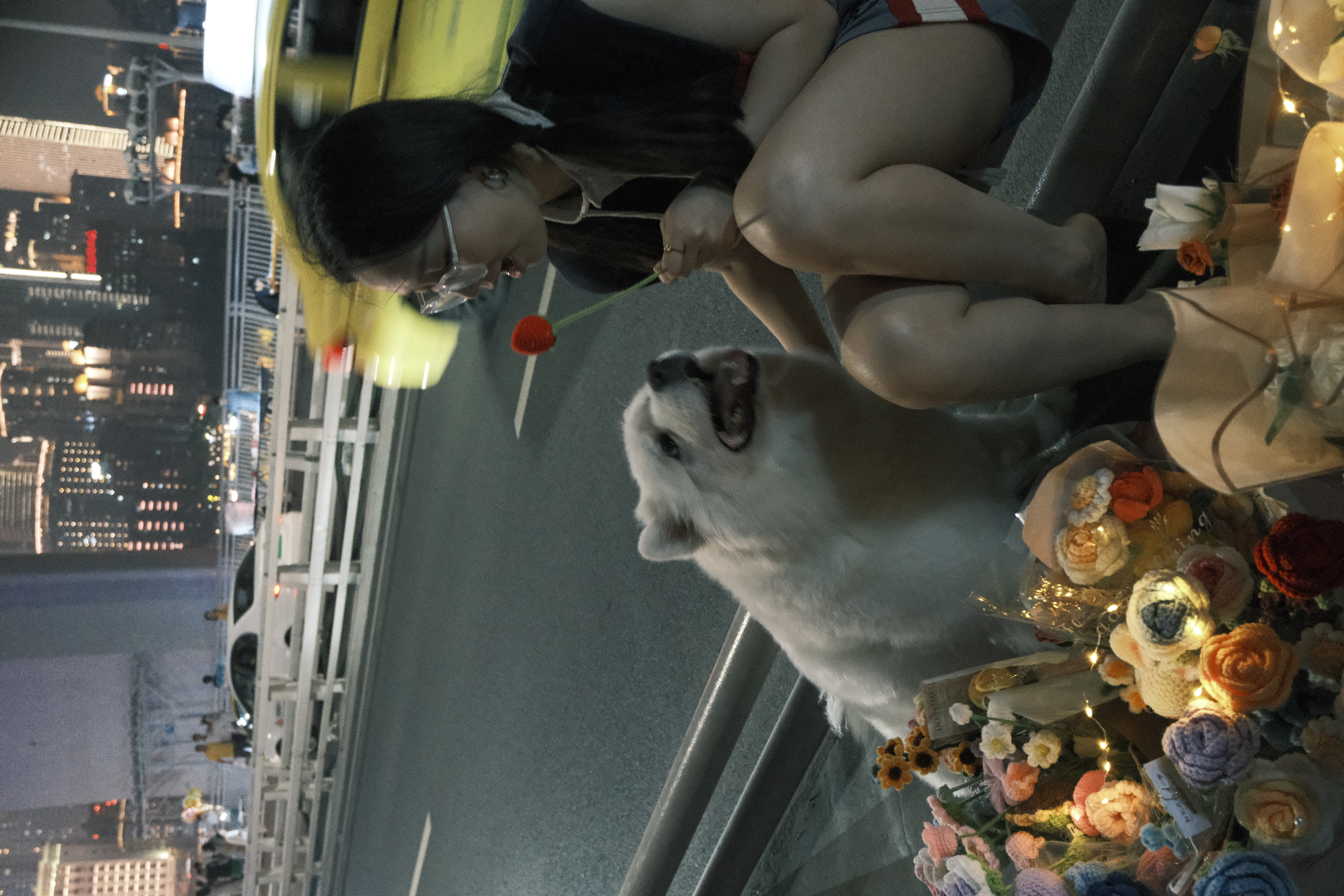 A woman and a white dog beside a flower stall at night